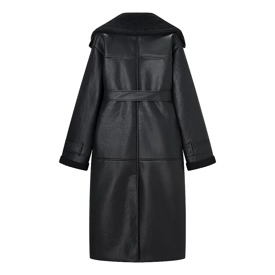 European and American style women's fashion versatile temperament belt fur integrated long leather jacket coat