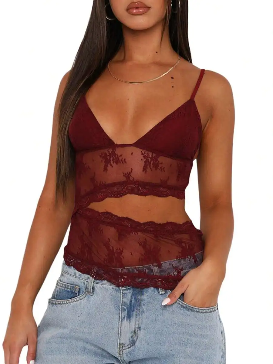 

Women Lace Floral V Neck Spaghetti Strap Sheer Crop Top Summer Sleeveless Vest Streetwear Clubwear