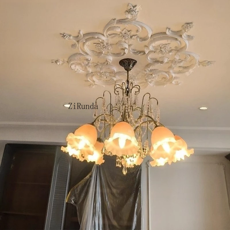 อเมริกันร้านอาหารยุคกลางโคมระย้าคริสตัลภาษาฝรั่งเศสคํา Pastoral โคมไฟห้องนอนโรแมนติก Retro โคมไฟคริสตัลสีชมพู