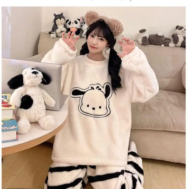 

Cartoon Pochacco Pajamas Set Women Sanrio Autumn Wintercoral Fleece Home Warm Fleece Lined Thickened Sweet Spring Loungewear