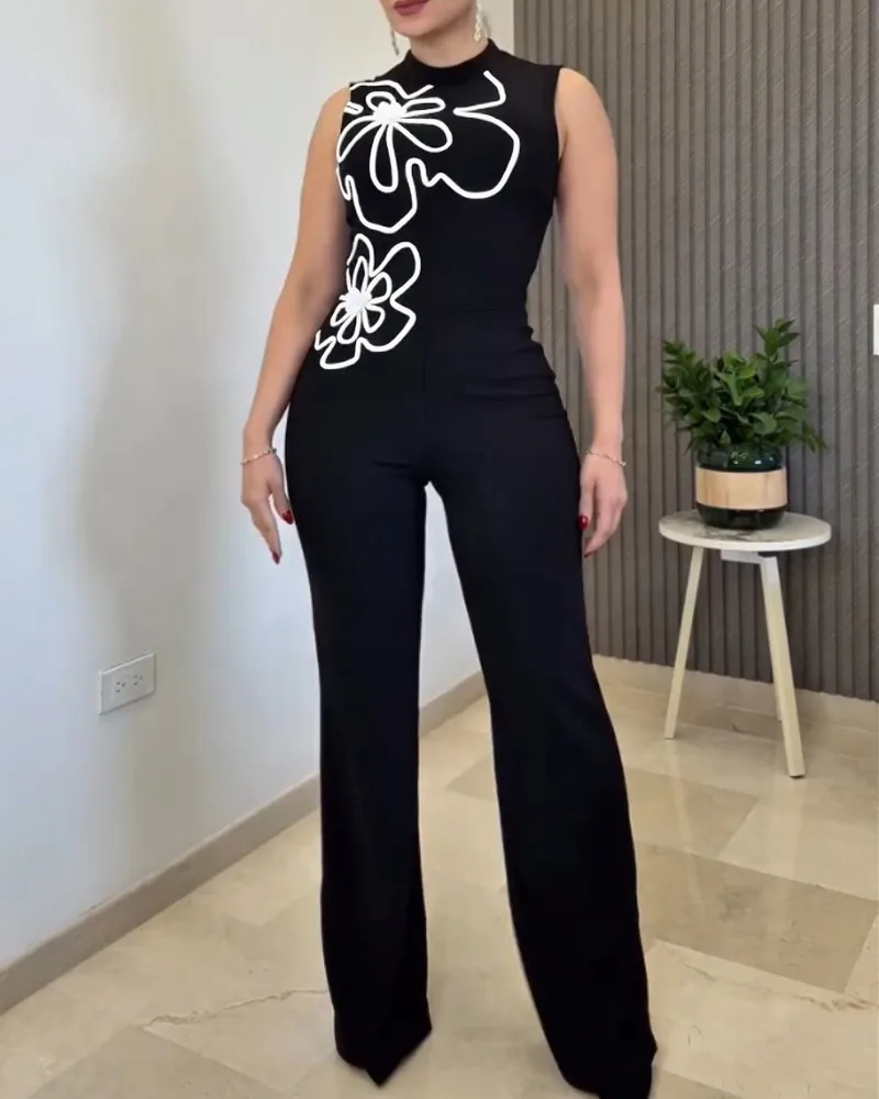 Spring Women 3D Floral Pattern Stand Collar Sleeveless Jumpsuit Casual Zipper Back Wide Leg Jumpsuit