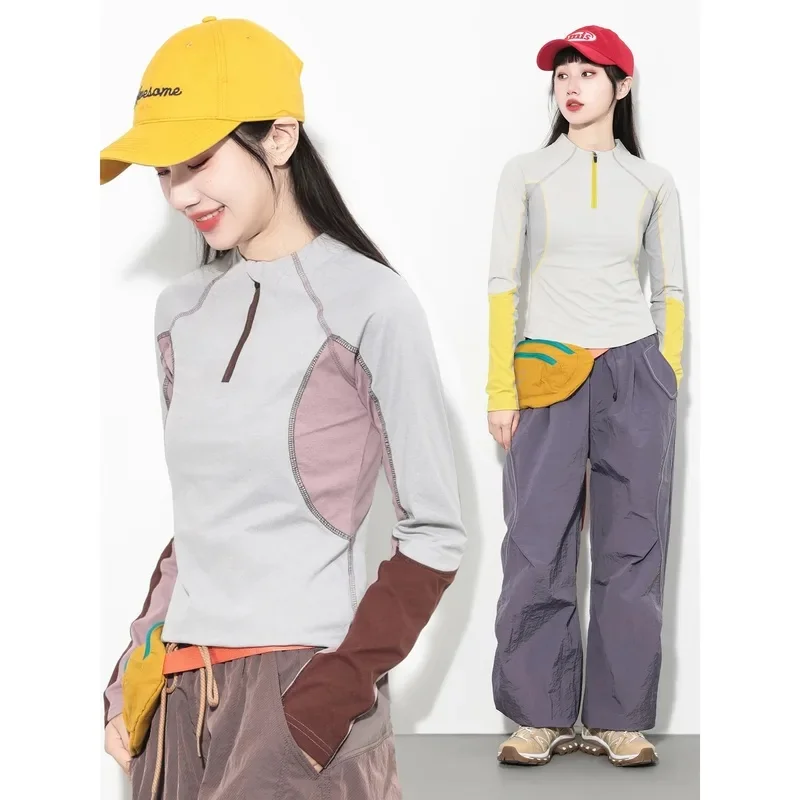 Women Splice Long Sleeve Outdoor Hiking Slim Quick Dry Casual Sport T-shirt Girl Streetwear Y2k City Walk Travel T Shirts Tops