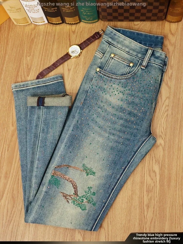 

style embroidered printed jeans men's 2025 new autumn style light luxury trend small leg pants