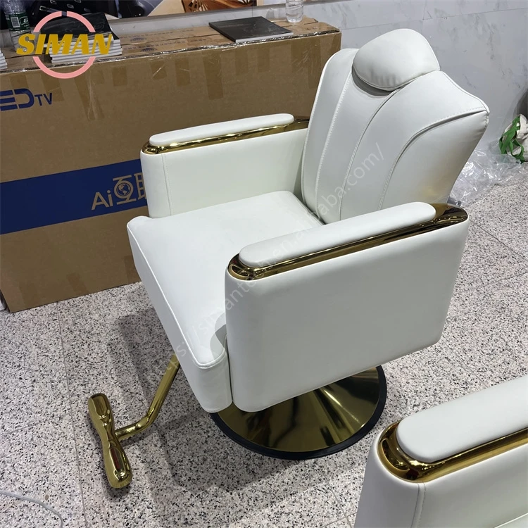 Siman Light Luxury Style Barber Chair White Golden Beauty Salon Furniture With Lifting Rotation Function Headrest Adjustable