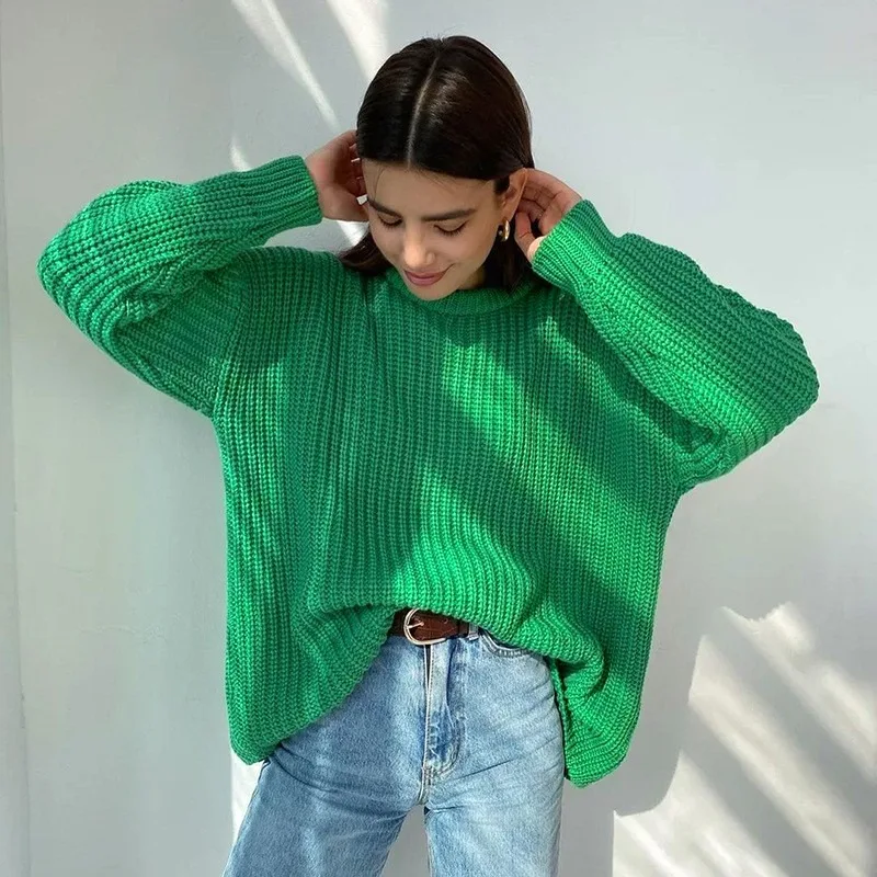 

2023 Long Sleeve Pullover Women Sweater Casual Knitted Winter Jumper Autumn O-Neck Fashoin Green Loose Tops Office Clothes 29119