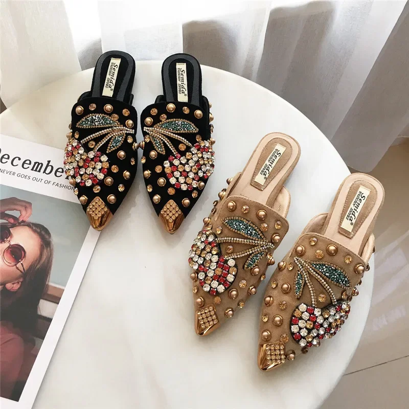 

Women's Flat Sole Single Shoe Baotou Slippers Rivet Crystal Rhinestone Cherry Pointed Women's Shoe Lazy Muller Shoe