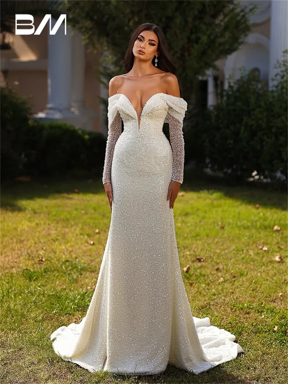 

Elegant Shiny Sequined Wedding Dress with Off-the-Shoulder Sleeves, Sheath Long Bride Dresses Court Train Customized Bridal Gown