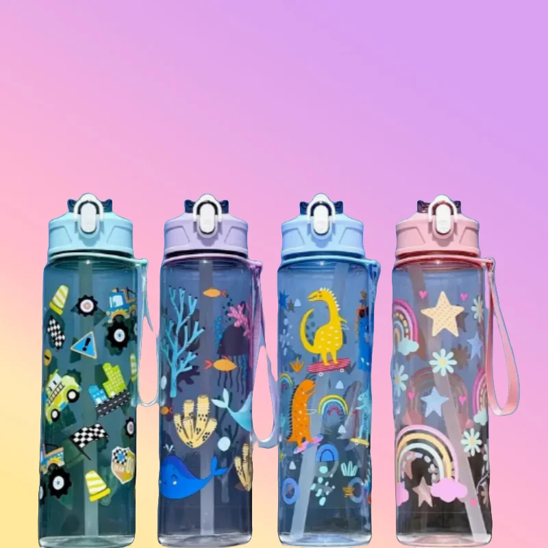 

[Dinosaur Rainbow Water Bottle] Vibrant Dinosaur Rainbow Underwater World Straw Cup - Large Capacity 750ML Plastic Water Bottle