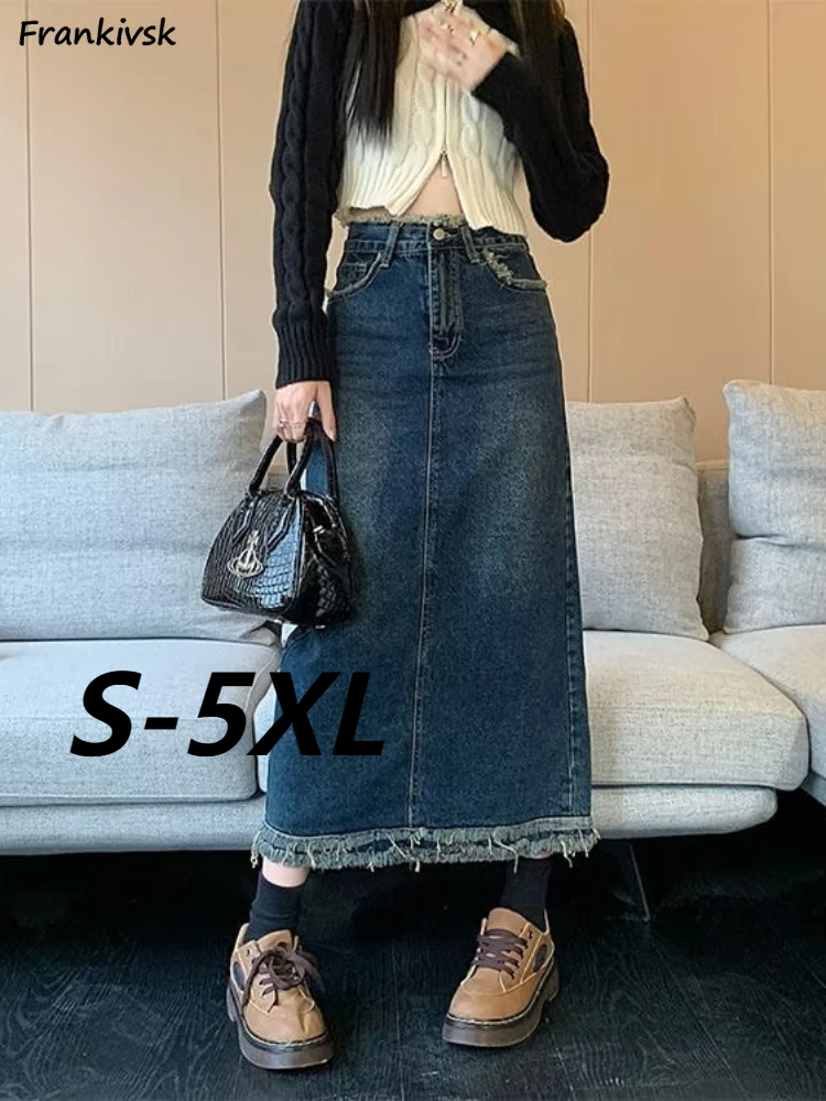 

S-5XL Denim Skirts Women Vintage Tassel Design Autumn Basic Fashion Ins All-match Midi Faldas Back-slit College High Waisted New