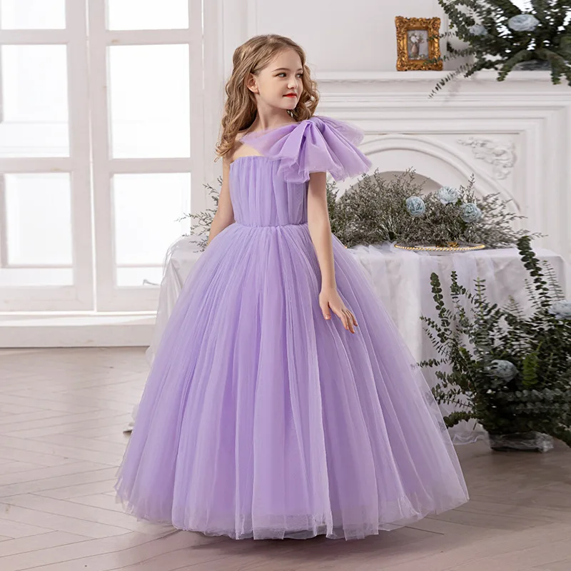 Girl Princess Dress  Girls Puffy Purple Elegant Girl Party Dress Wedding Bridesmaid Prom Gown Big Bow Piano Performance Dress