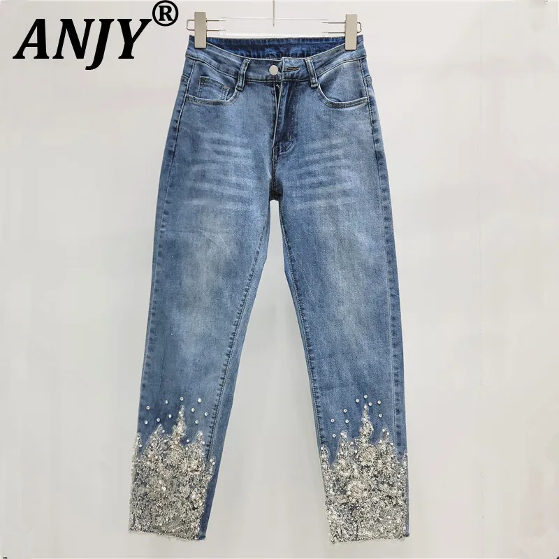 

ANJY Autumn New Women Chic Jeans Heavy Craft Beaded Sequins Mesh Hollow Denim High Street Elegant Ins Fahsion Pencil Pants A8726