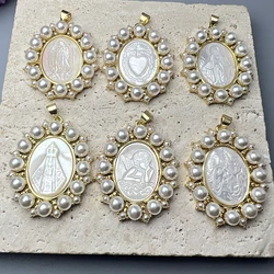 New Oval Medal Virgin Mary Guadalupe Pendants Women Pearl Natural MOP Shell Sacred Heart Charms For Jewelry Making Necklace