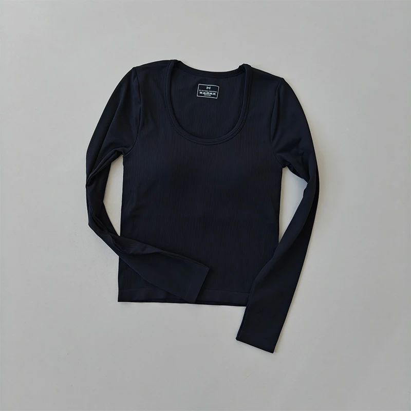 Yoga-Bekleidung T-Shirt Damen U-Ausschnitt Brustpolster Schlankmachendes Sport-Top Langärmeliges Stretch-Oberteil Pilates Fitness-Bekleidung – Detail 5