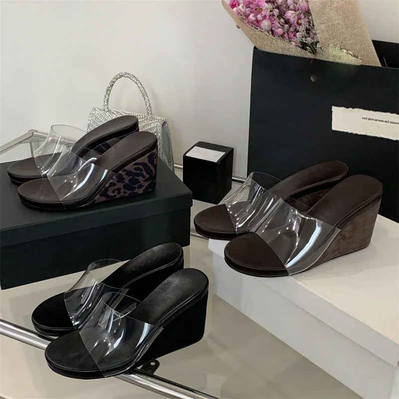 

Прозрачные тапочки на танкетке с леопардовым принтом из ПВХ, женская обувь, модные летние шлепанцы на высоком каблуке, Zapatos De Mujer