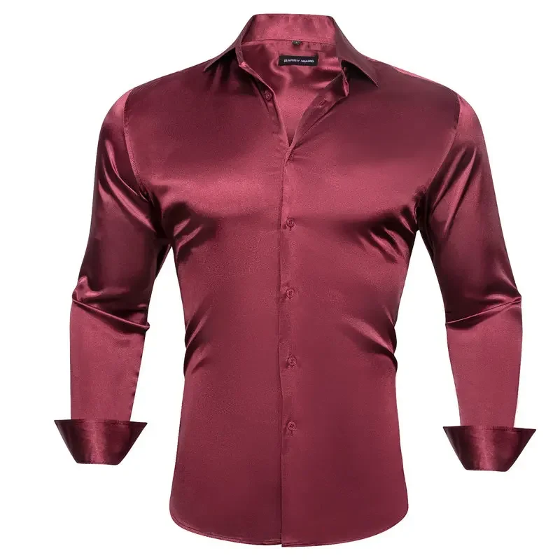 30 Colors Shirts for Men Long Sleeve Silk Solid Satin Red Blue Green Yellow Gold Purple Silver Male Clothing Casual