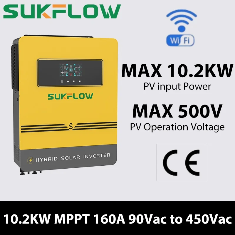 

Sukflow 10.2KW on/off Grid Solar Inverter Hybrid Max 500V Pure Sine Wave Inverter for Home 160A MPPT Solar Charge Output 59/60HZ