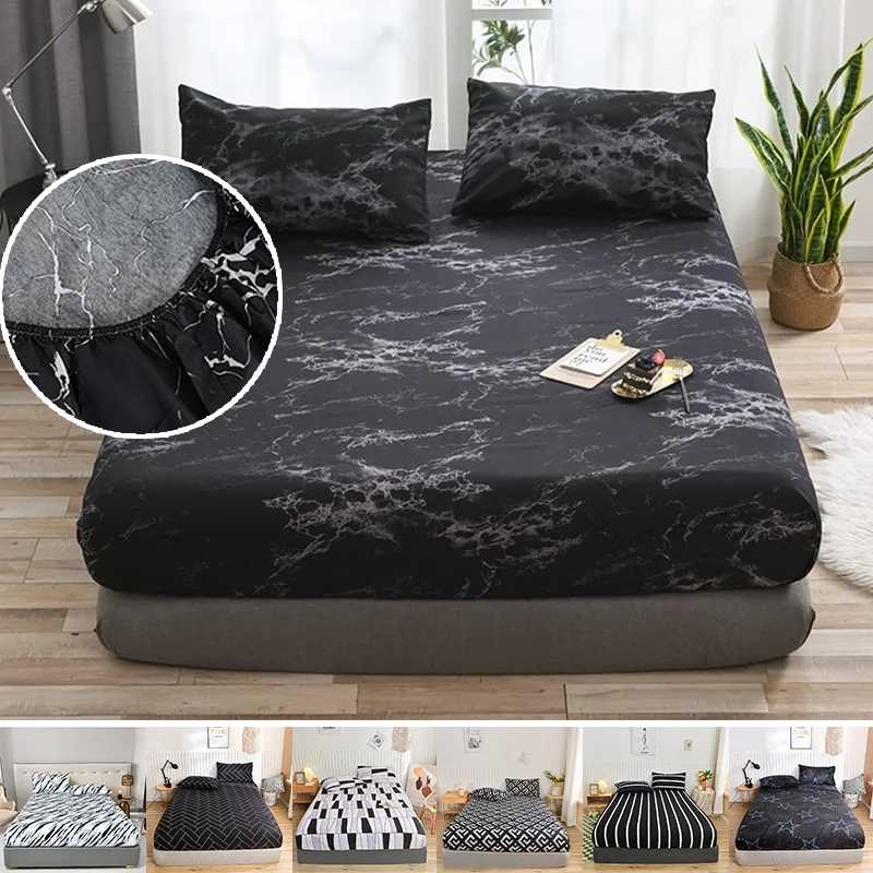 

Elastic Non Slip Fitted Sheet Cotton Adjustable for Double King Queen Bed 150x200 To 220x200cm Modern Stripe Printed Bedding