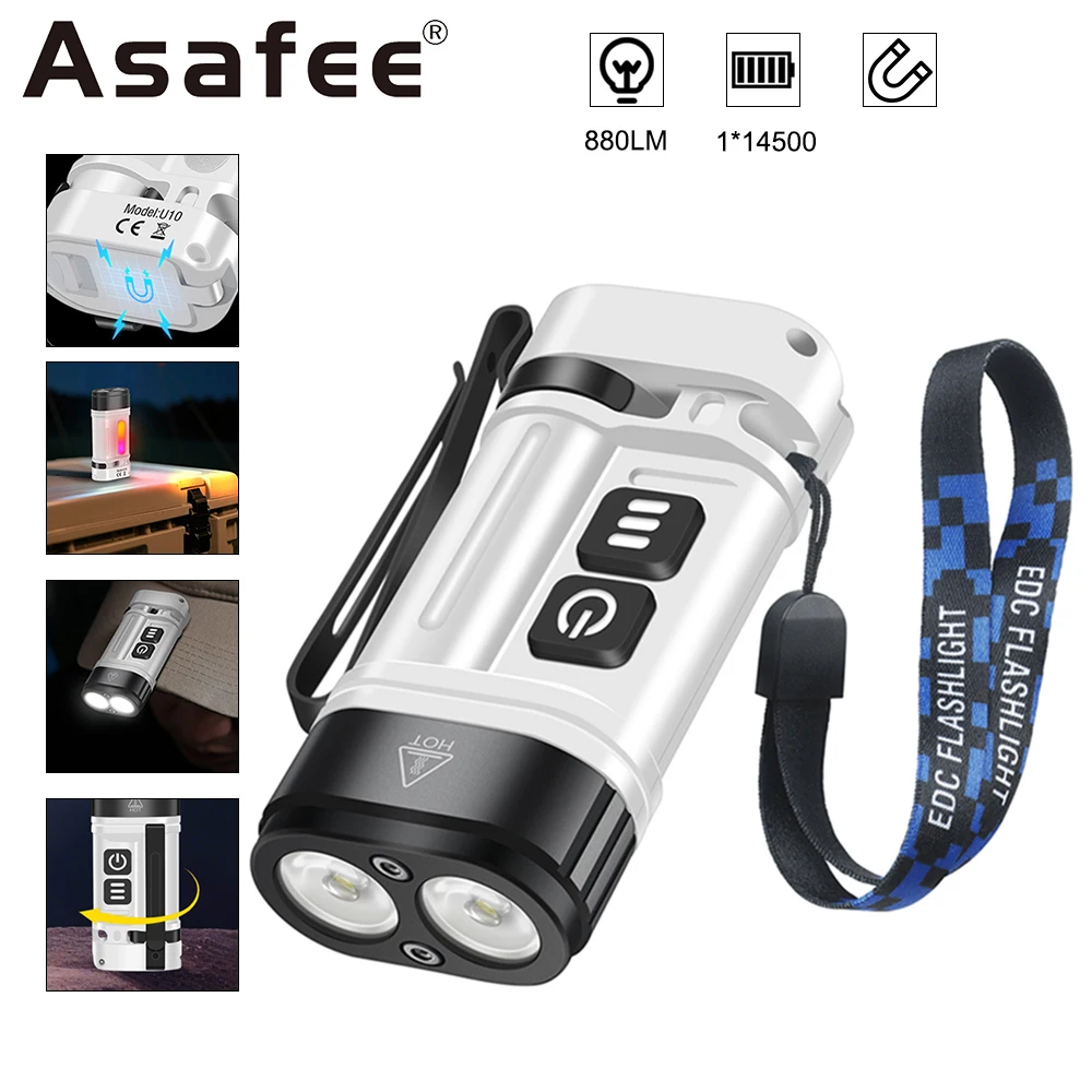 Asafee U10 Portable Keychain Flashlight Mini EDC Outdoor Lamp Side Light Magnetic Tail Small Pocket Camping Hiking Repair Torch