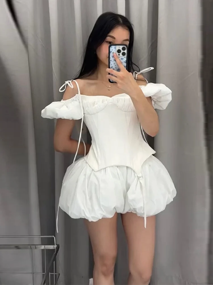 Puffärmel-Korsett-Tops und kurze Hosen-Sets für Damen, sexy Schnür-Tops mit Taillenbetonung, plissierte Shorts, charmante Partykleidung für Damen – Detail 13