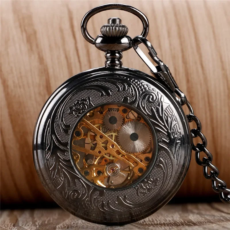 Classical Full Black Pocket Watch Hollow Out Case Unisex Handwind Mechanical Pocket Watch with Pendant Chain Rero Skeleton Clock