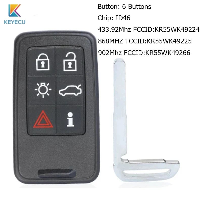 Keyless Remote Key Fob for Volvo XC60 XC70 XC90 S60 S80 S90 V40 V60 V70 2009-14  433/868/902MHz KR55WK49266 5WK49224 225