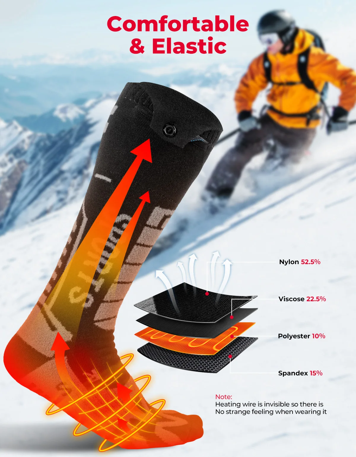 KEMIMOTO Beheizte Skisocken Winterausrüstung für Männer und Frauen mit 2 Batterien APP Bluetooth Wiederaufladbare Elektrische Fußwärmer Dicke Baumwollsocken für Wandern, Camping, Radfahren und Outdoor-Aktivitäten – Detail 15