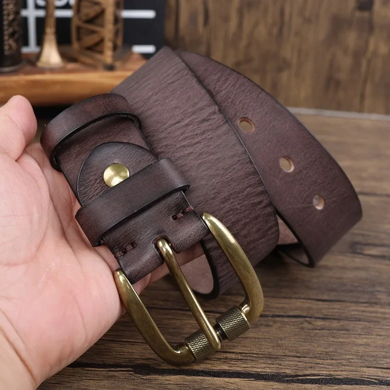 

American retro handmade thick men's leather belt with copper buckle pure cowhide leather waistband jeans