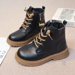 Girls Leather Boots Kids Fashion Rubber Boots Cool Soft Sole Side Zip Children Catwalk Boots Round-toe Solid Color 2024 New