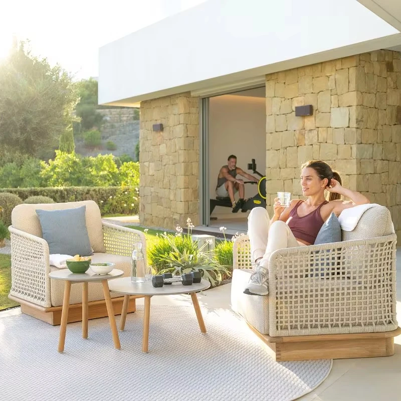 & High-Quality Single Seater Garden Sofa Set Wooden Frame Rope Woven Sofa Set