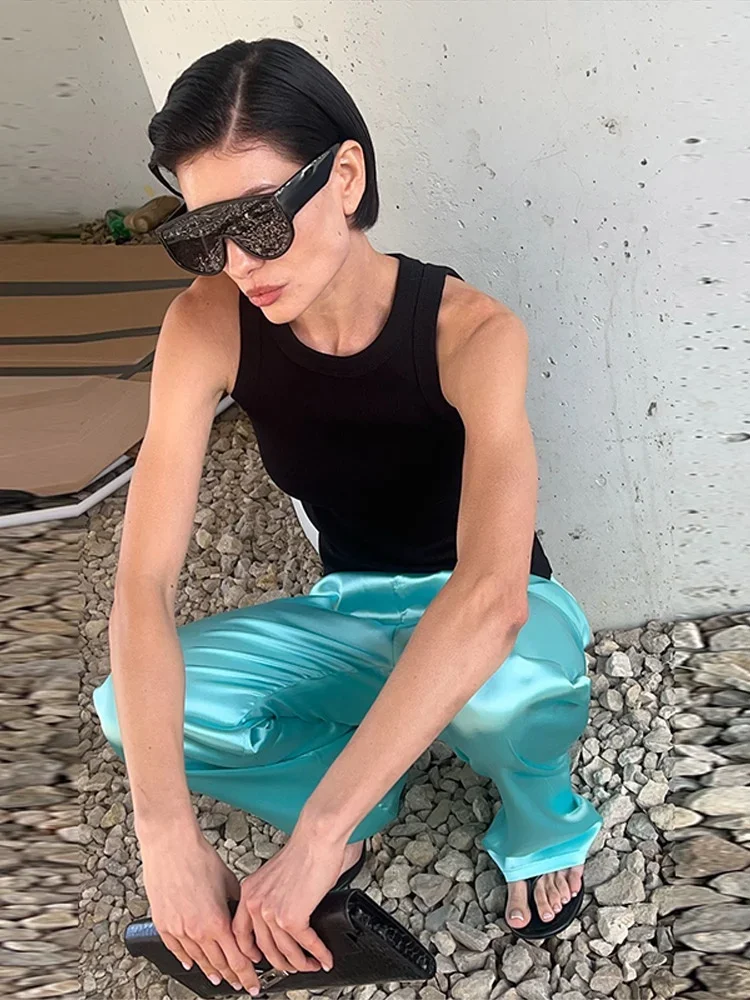 Herbst Damen Mintgrüner Satin 2-Teiliger Anzug Stehkragen Reißverschluss Vorne Lose Langarm-Bluse Weite Hose Urlaubs-Matching-Anzug – Detail 25