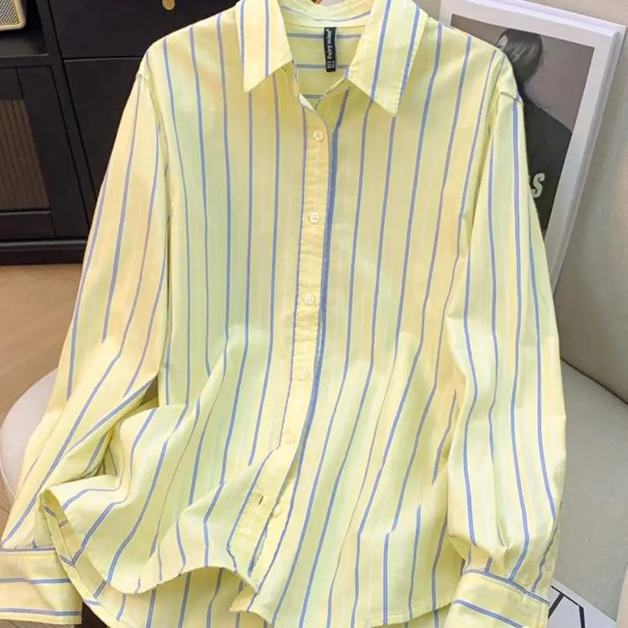 

Рубашка из чистого хлопка с полосками на воротнике, женская, весна-осень, новая, в непринужденном стиле, универсальная, с длинным рукавом, для повседневной носки