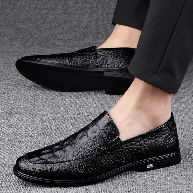 Men’s Casual Genuine Leather Shoes Brand Comfort Slip on Formal Business Loafers Men Crocodile Pattern Black Male Driving Shoes