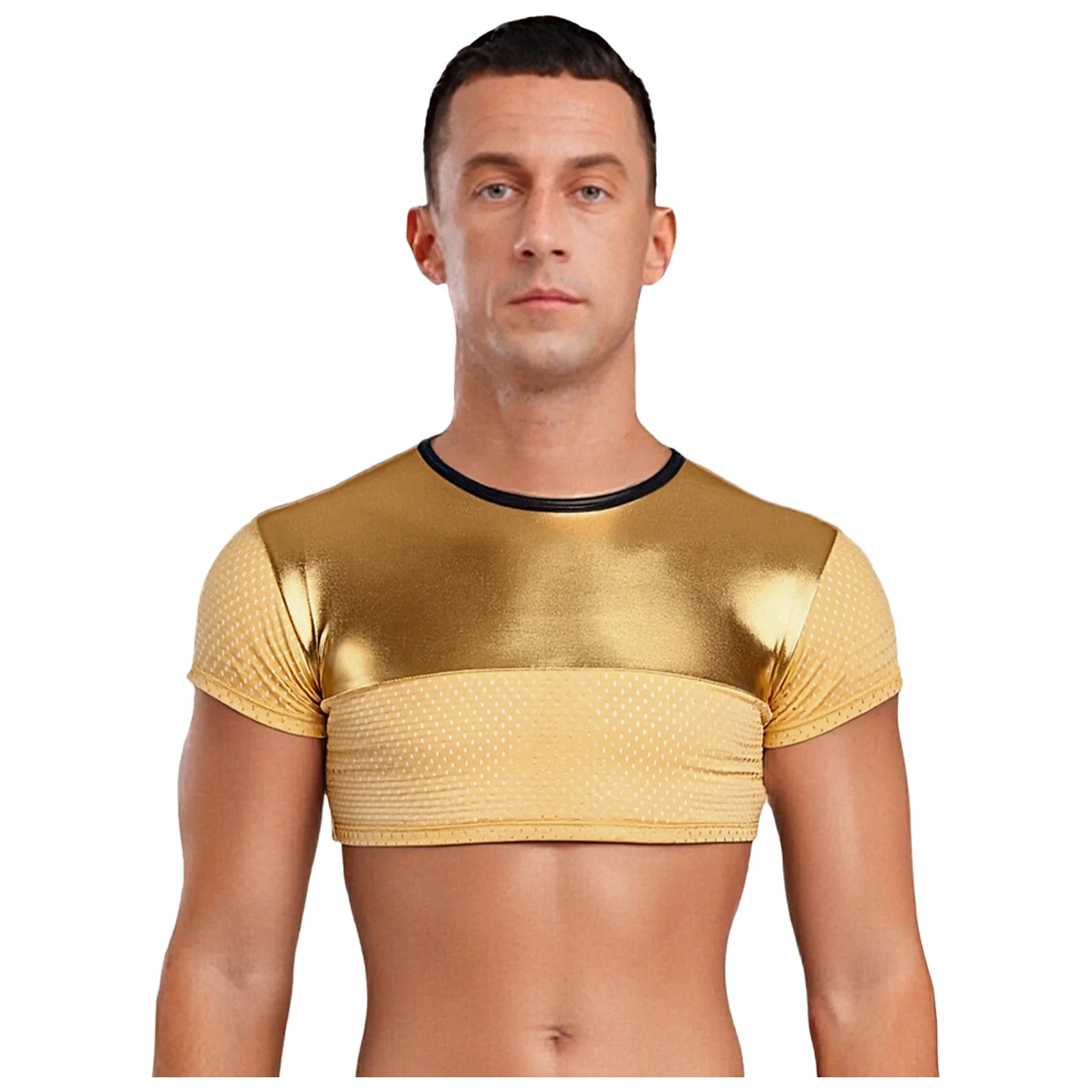 

Mens Stylish Crop Tops Metallic Shiny Breathable Mesh Patchwork Short Sleeve Slim Crop T-shirt Blouses for Club Dancing Party