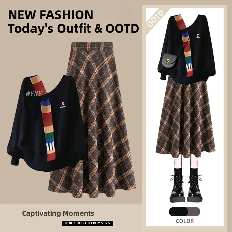 Herfst Winter Dames Zoet Ontwerp V-hals Gebreide Trui Geruite Rok Tweedelige Set Hoge Taille Midi Rok Trendy Sle