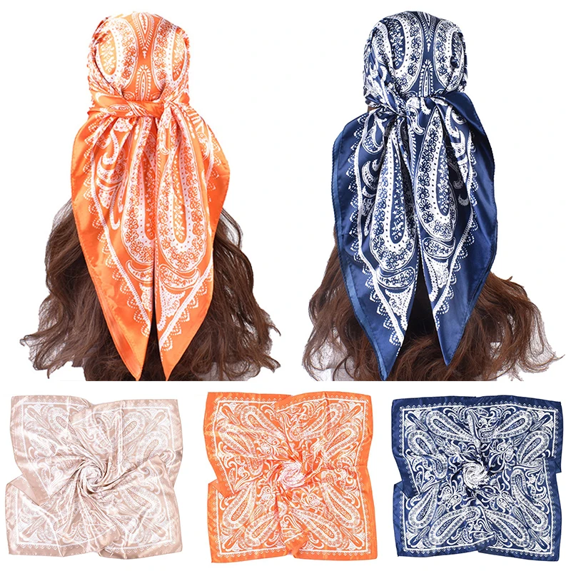 90*90cm Paisley Muster Schal Frauen Sonnenschutz Schal Wraps Seide Satin quadratische Schals muslimischen Hijab Stirnband Bandana Taschentuch