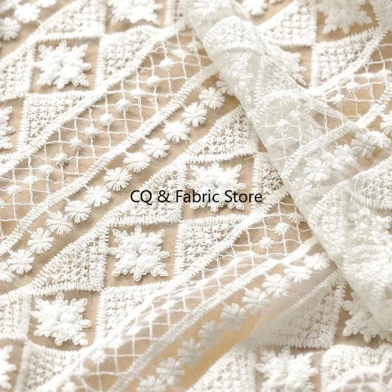 White Black Mesh Embroidered Fabric 130cm Width Fresh Lace Fabric for Wedding Dress Tshirt Sewing Craft Accessory