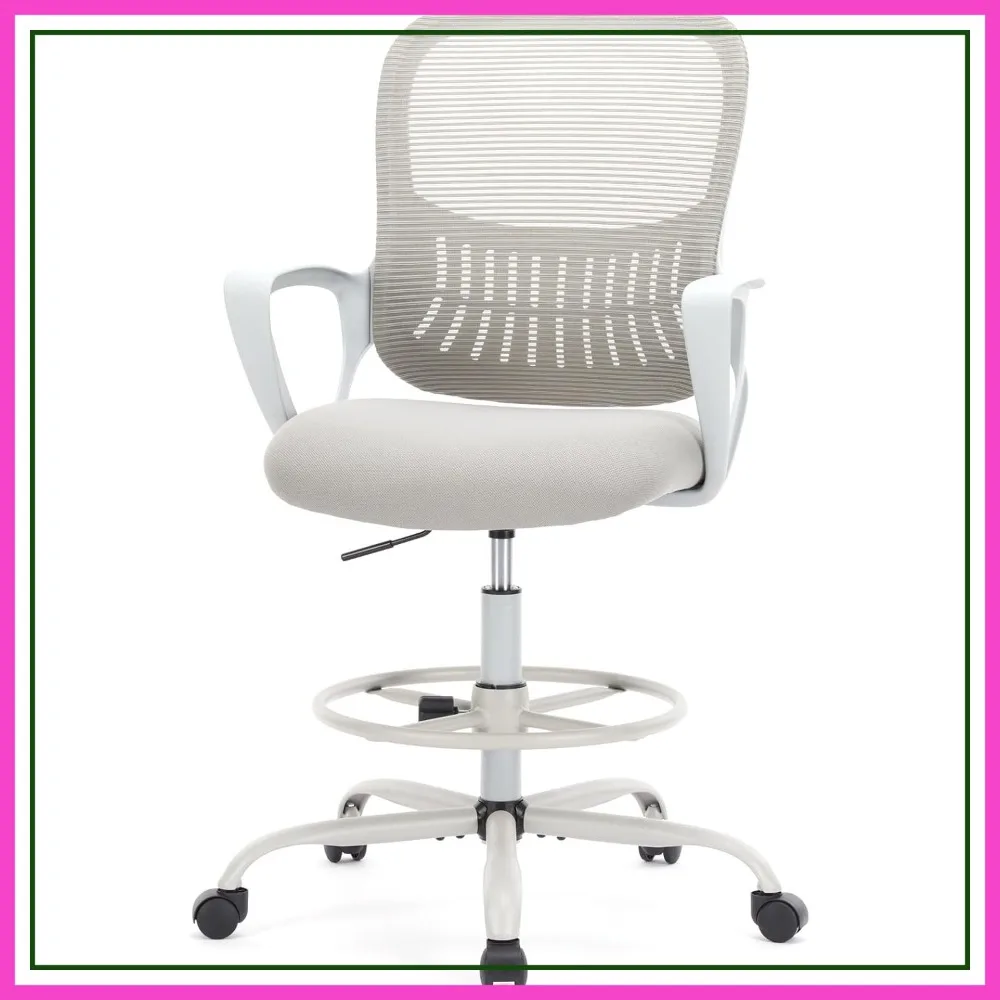 

Ergonomic Drafting Chair for Standing Desk, Height Adjustable with Lumbar Support, Fixed Armrests, Grey