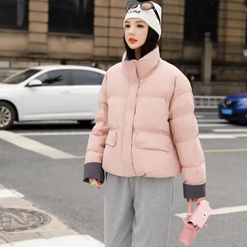 Women's Clothing New Arrivals Korean Style Stand-up Collar Thickened Down Jacket Short Style Contrasting Colours Patchwork
