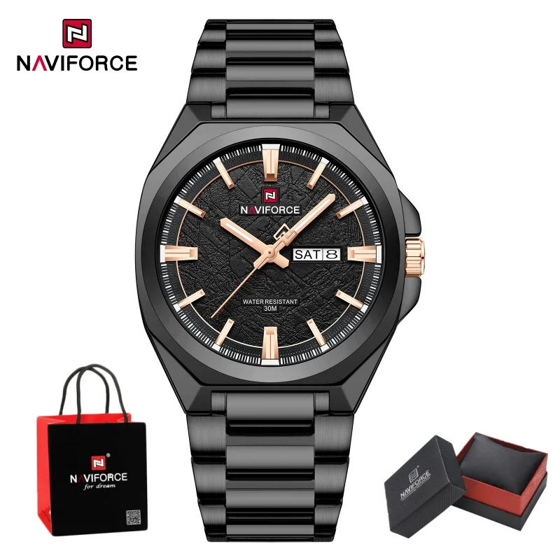 NAVIFORCE Luxus-Herren-Quarzuhren mit Datums- und Wochentagsanzeige, wasserdicht, leuchtend, Stahlarmband, modische Herrenuhr, Geschenkbox