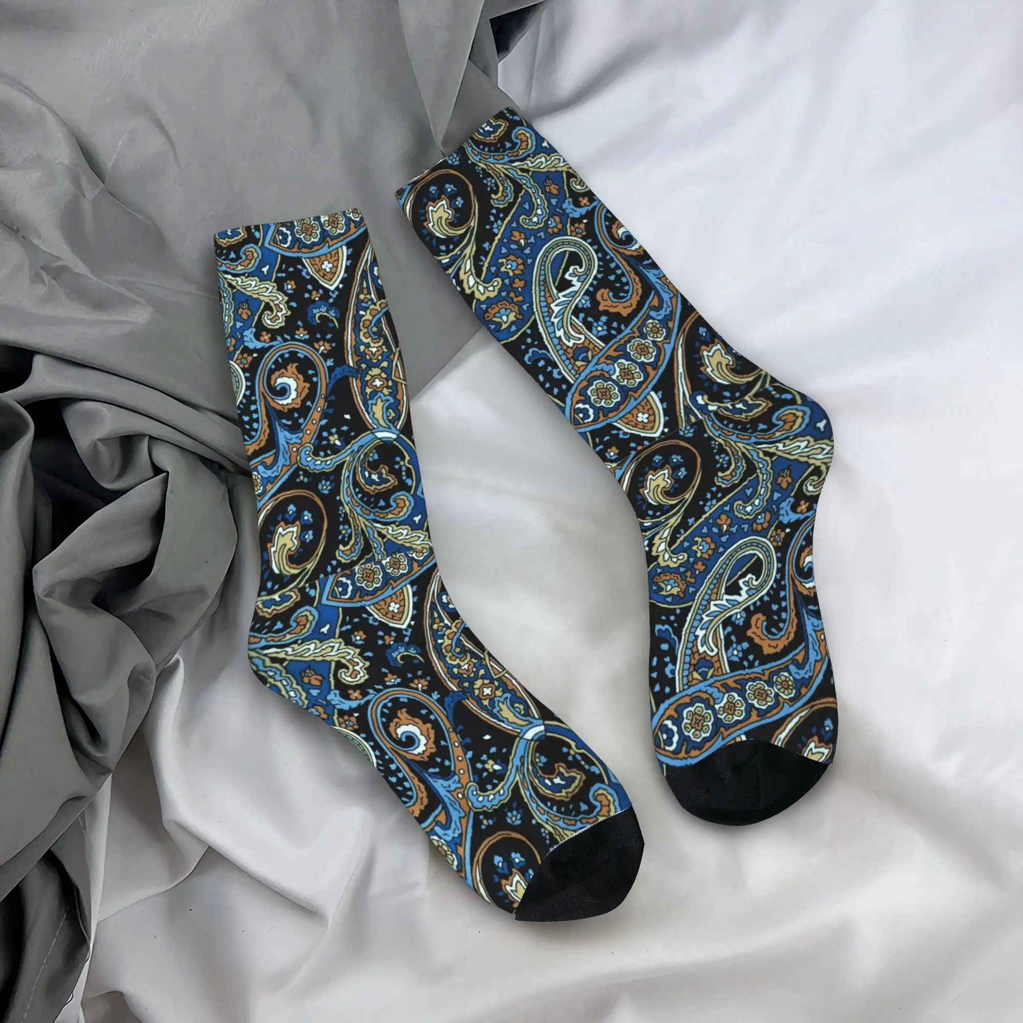Blue and Black Paisley Pattern Stockings Novelty Socks Spring Non Slip Socks Women Men Outdoor Sports High Quality Socks