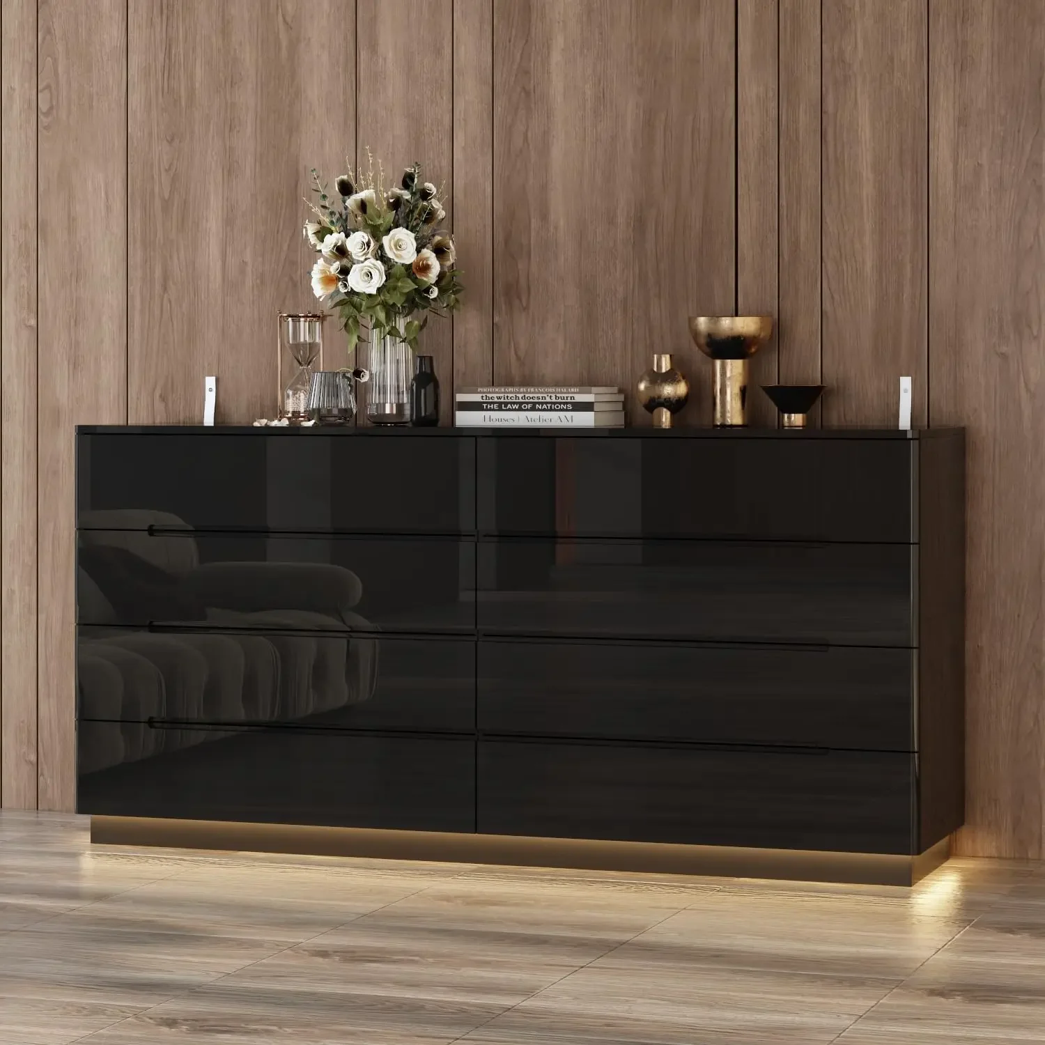 

Black Drawer Dresser, Modern High Gloss Dresser with 8 Drawers, 63"Long Dresser Double Dresser Storage Chest of Drawer, Entryway