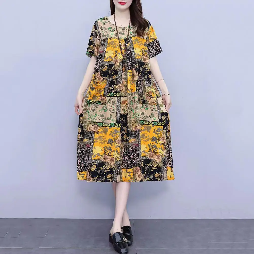 

Summer Women Dress Round Neck Pockets Floral Print A-line Knee Length Short Sleeves Pleated Commute Dtaing Vacation Midi Dress