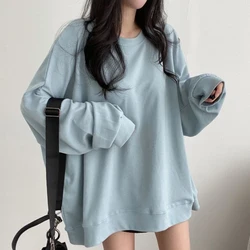 Solid Color Long Sleeve Women O Neck T Shirts Fall Thin Korean Fashion High Street Couples Oversized Pullover Punk Harajuku Tops