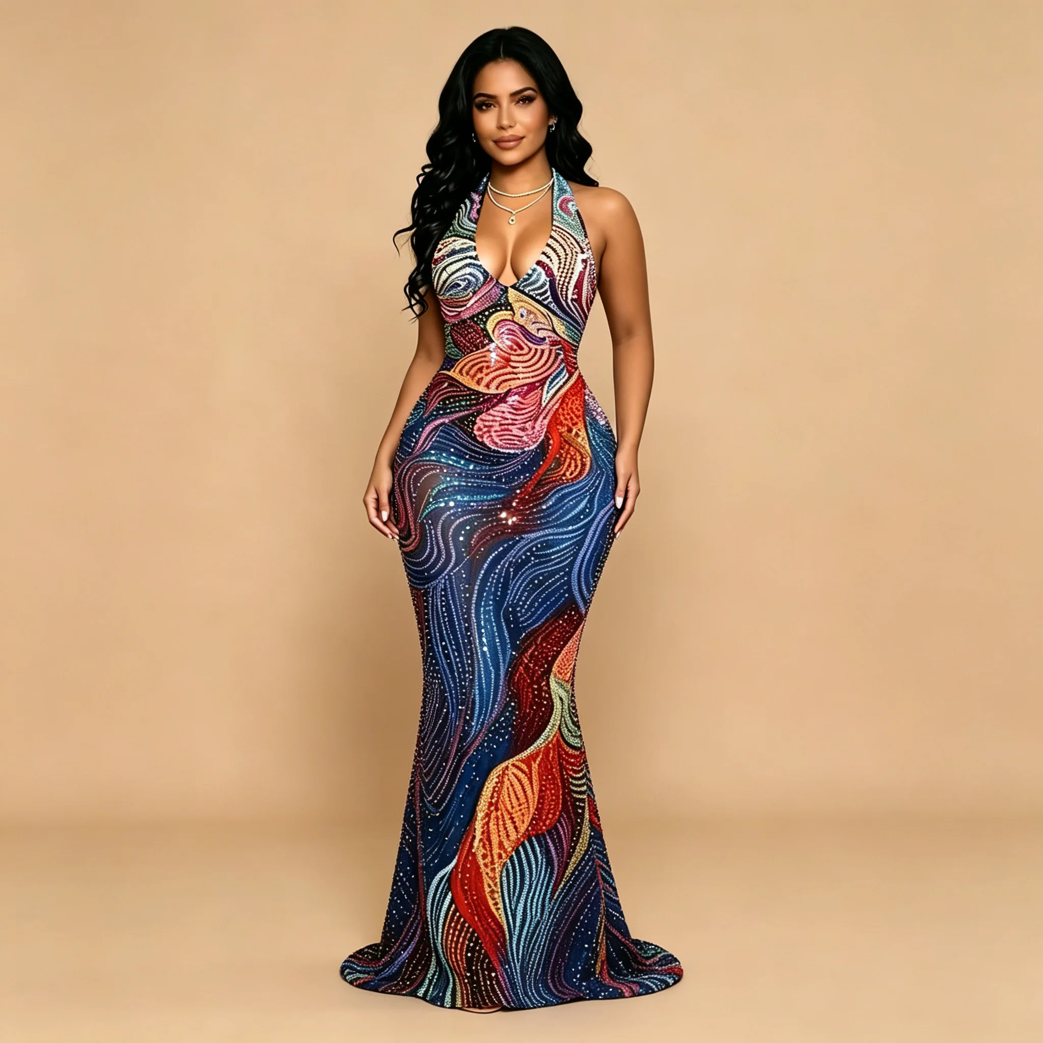 Sexy Colorful Rhinestone Dress Halter Deep V Neck Backless Bodycon Women Birthday Evening Party Club Stage Costume