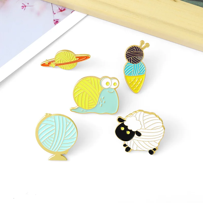 Ball of Yarn Enamel Pins Custom Sheep Snail Globe Ice Cream Planet Brooch Lapel Badge Bag Cartoon Jewelry Gift for Kid Friend