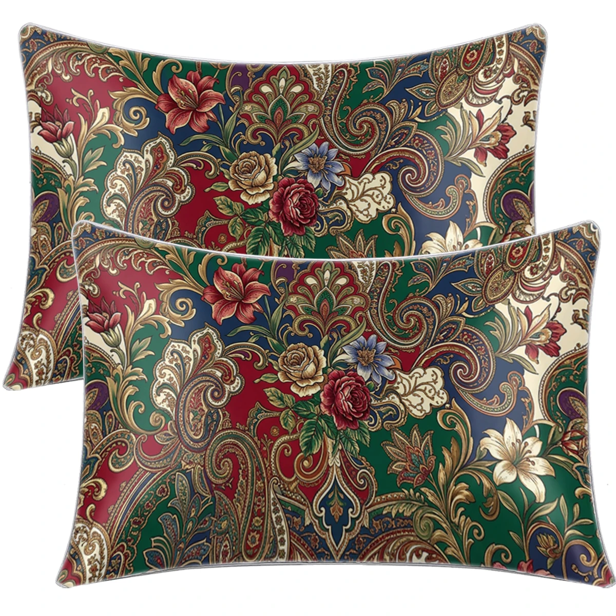 2PCS Vintage Paisley Rose Lily Floral Baroque Scroll Print Satin Pillowcase Silk Pillow Cover Envelope Closure Decor