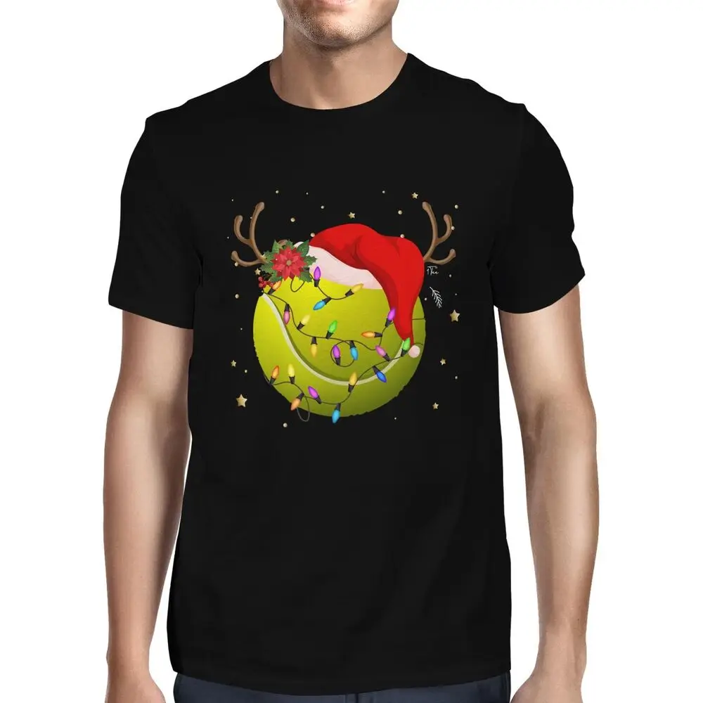 Mens Christmas Tennis Ball with Santa Hat and Reindeer Antlers T-ShirtUnisex Women's Summer Cotton Luxury Brand Retro Oversized