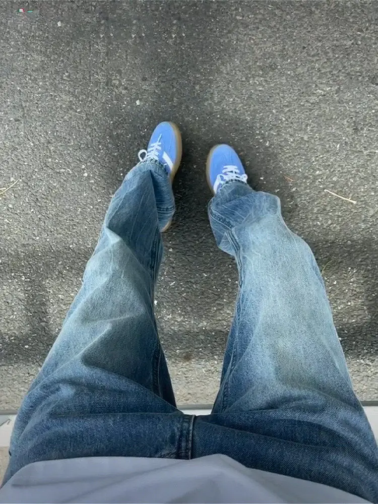 

Waed Blue Lightning Pattern Flared Jeans Men's American High Street Vibe Slim Semi-Elastic Dyed Straight Leg Pants