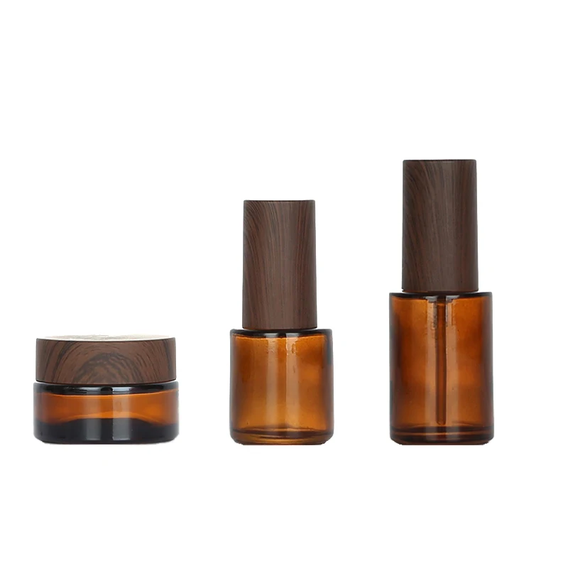 3pcs Amber Glass Bottles Travel Set,Includes Pump and Spray Bottle,Cream Jar,with Wood-Color Plastic Cap for Packaging Cosmetics