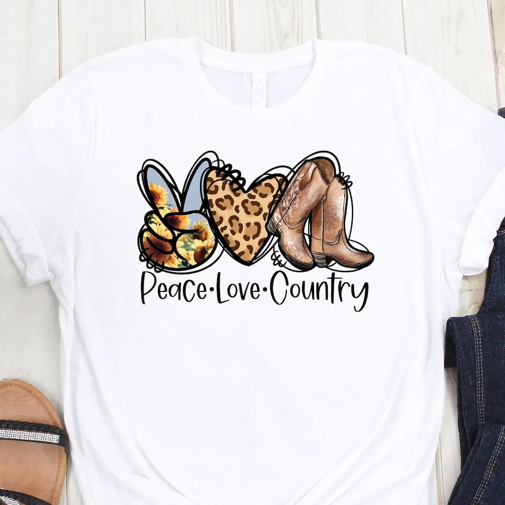 Peace Love Country T Shirt Lover Cowboy Boots Western Cute